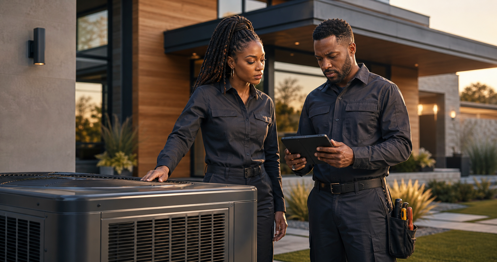 Two Starr Powered HVAC team members reviewing equipment outdoors.